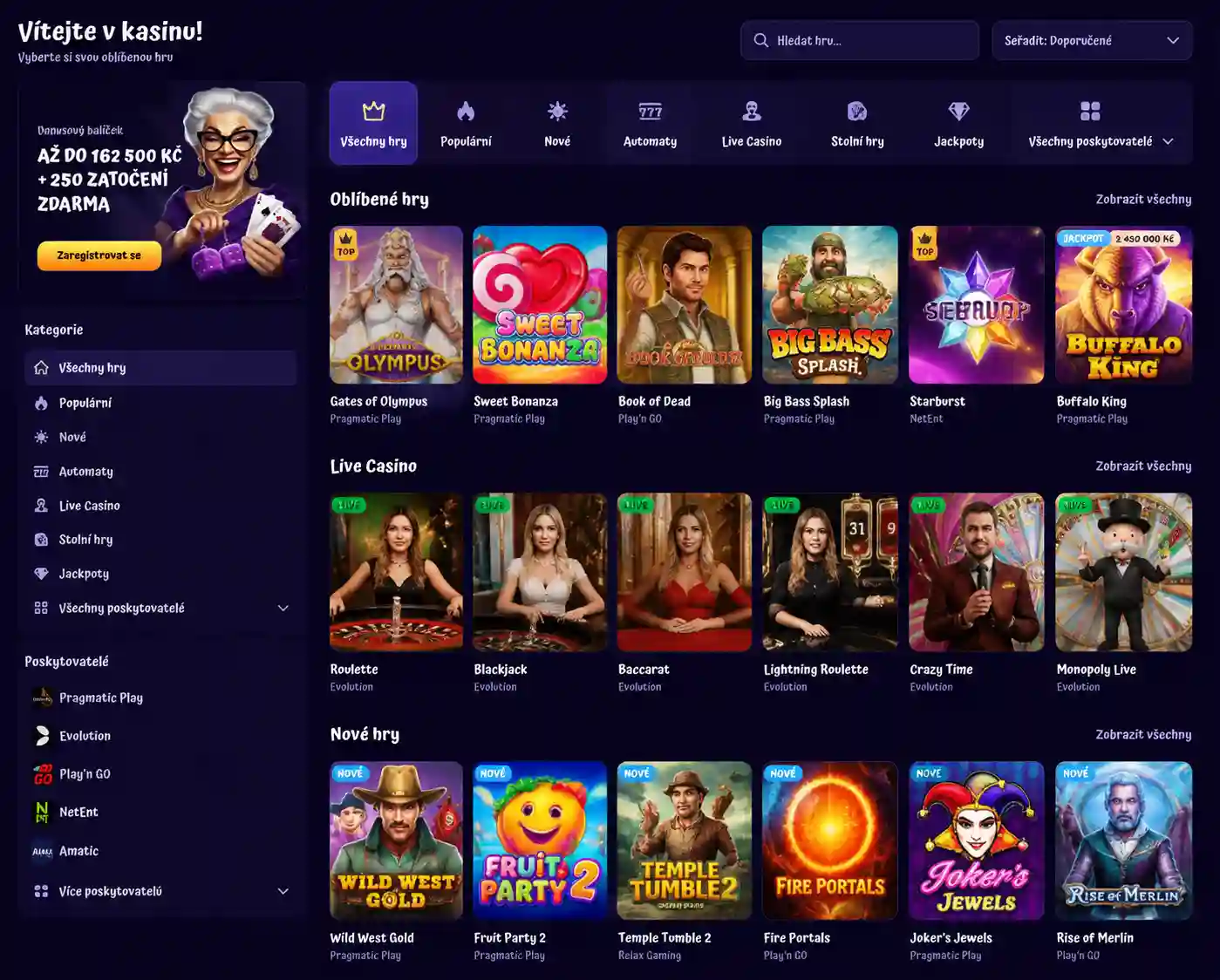 Náhled herního lobby Spingranny s kategoriemi automatů a live her