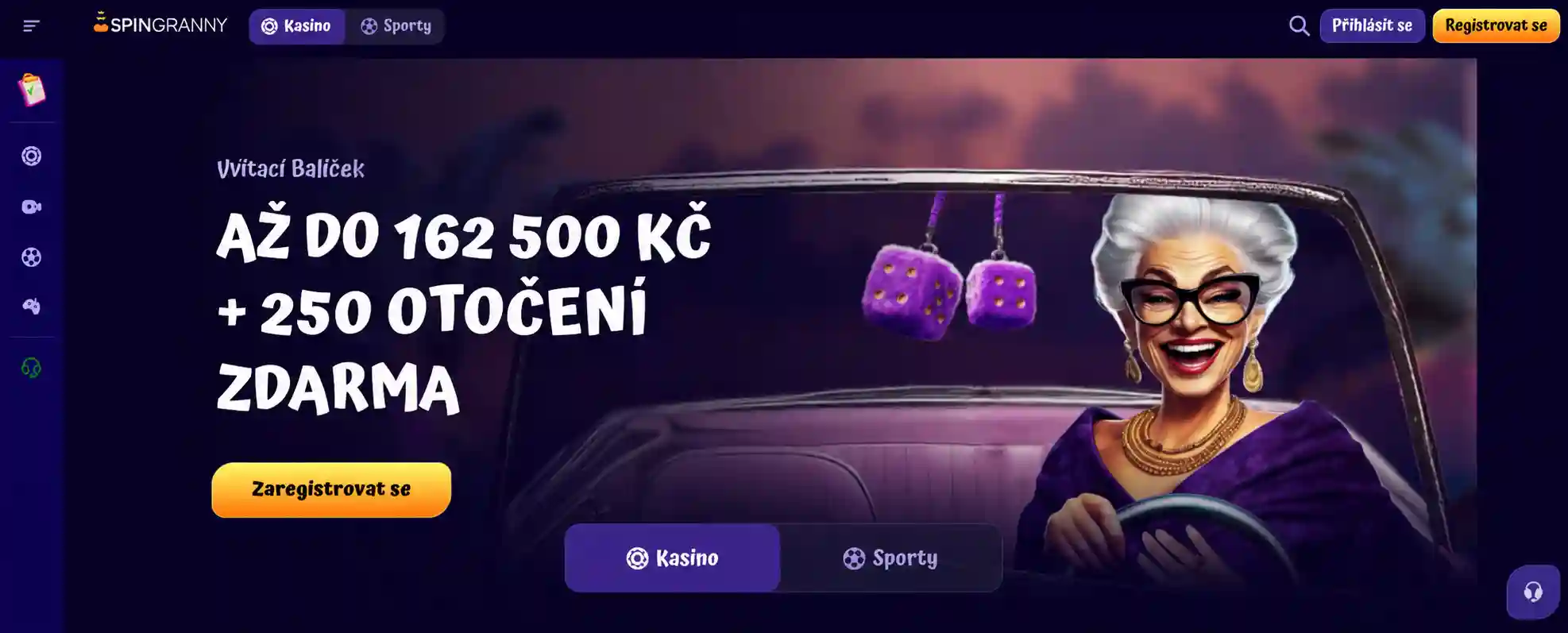 Úvodní stránka platformy Spingranny s přepínačem mezi sekcemi Kasino a Sporty