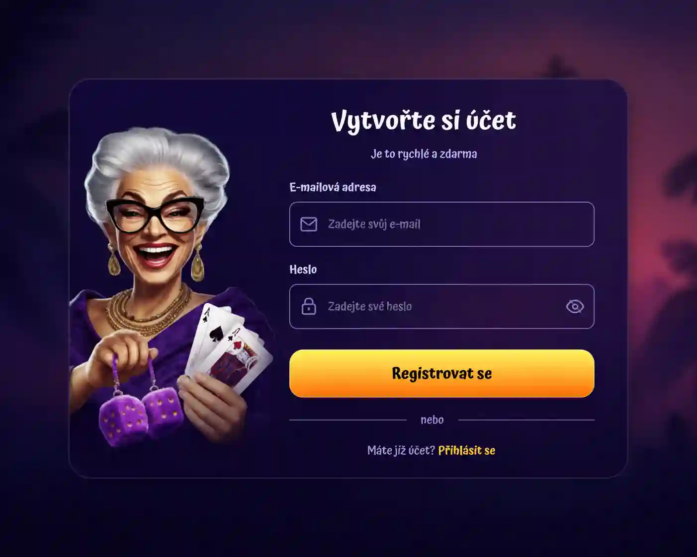 Registrační formulář Spingranny s vyplněnými poli e-mail a heslo